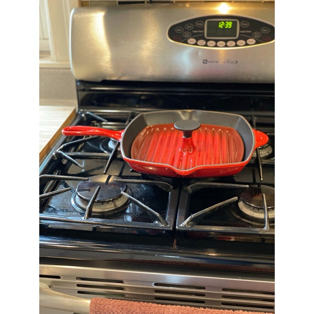 Vintage Le Creuset #26 Red Square Grill Pan France + Cast Iron Panini Press